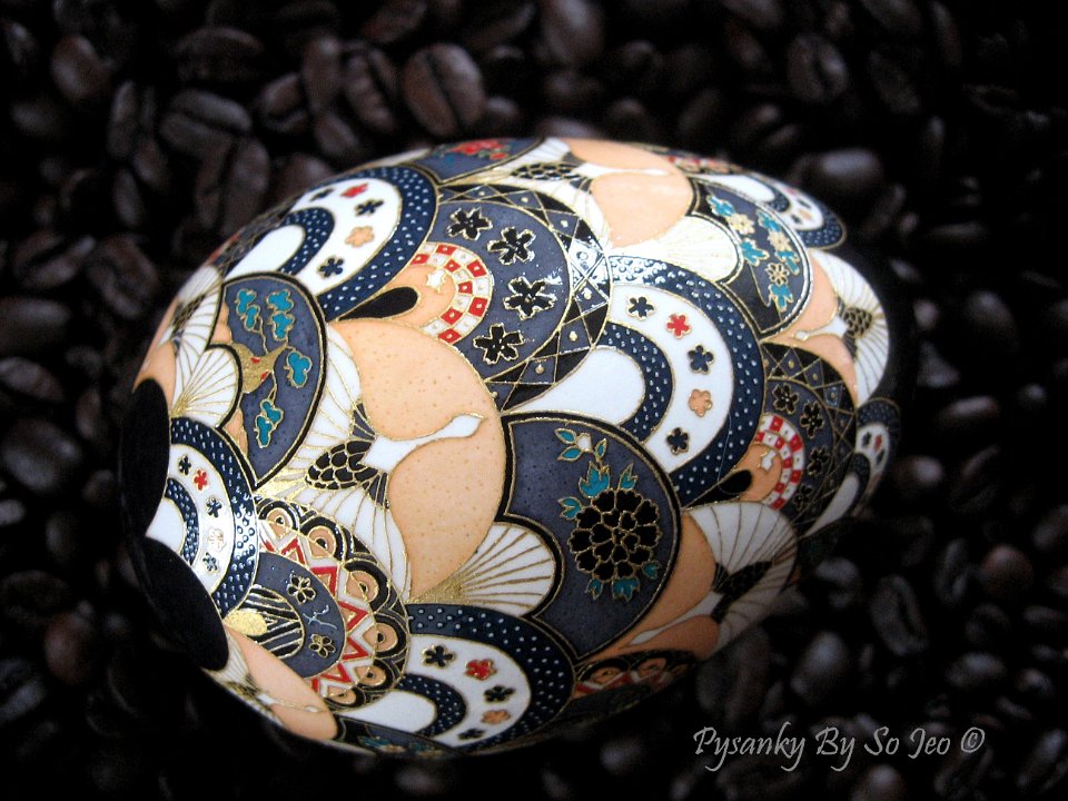 Cranes and Fans ChiyogamiUkrainian Style Easter Egg Pysanky by So Jeo